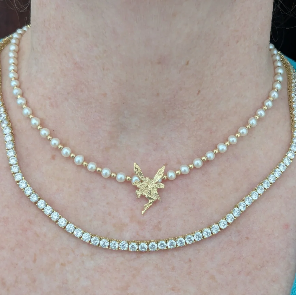 14k Yellow Gold Beaded Pearl Necklace With Fairy Pendant - Picture 12 of 15